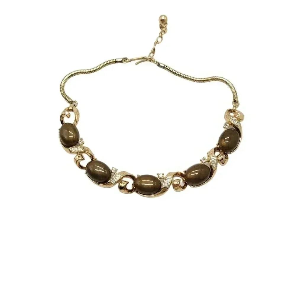 Crown Trifari Brown Lucite Cabochon Clear Rhinestone Gold Tone Choker Necklace